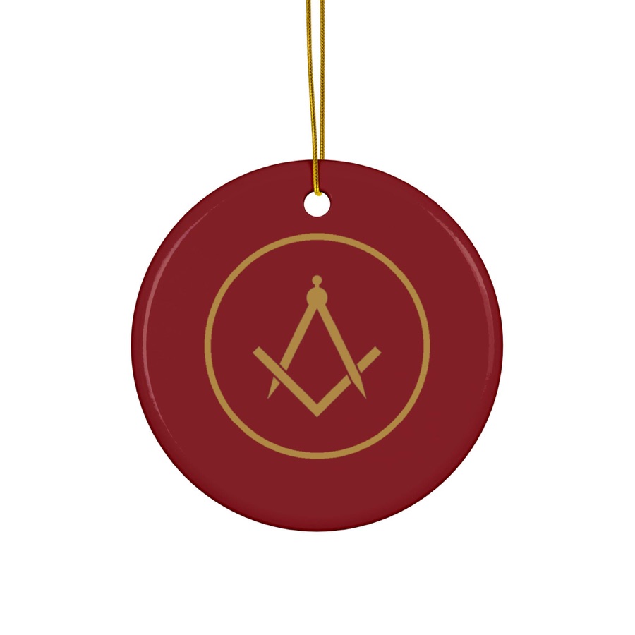 Masonic Christmas Ornament Ceramic, Square and Compass Red Gold Tree Decoration, Freemason Holiday Gift