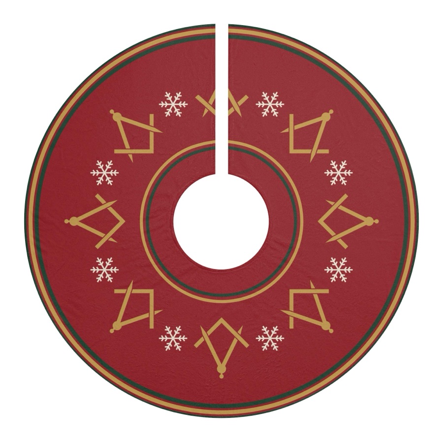 Masonic Christmas Tree Skirt, Square and Compass Red Gold Holiday Decor, Freemason Tree Skirt