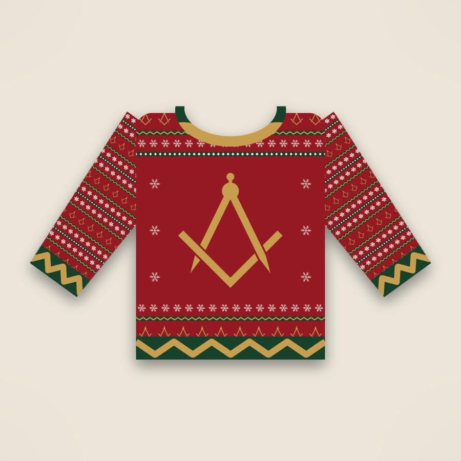 Rendered flat lay of the Masonic Christmas sweater: red fair isle knit print with a gold square and compass, green and gold trim